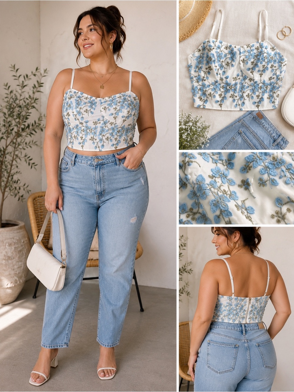 SHEIN Curve 3XL Floral Embroidered Corset Crop Top Blue White Bustier Cami Plus